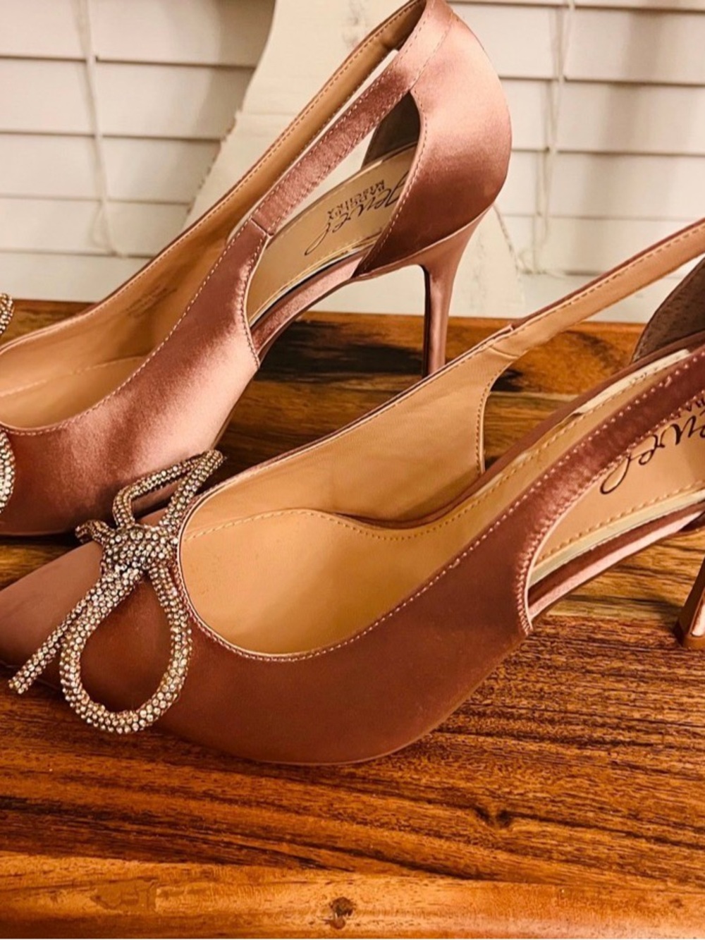 Jewel Badgley Mischka Rose Gold Satin Slingback Heels with Crystal Bow
